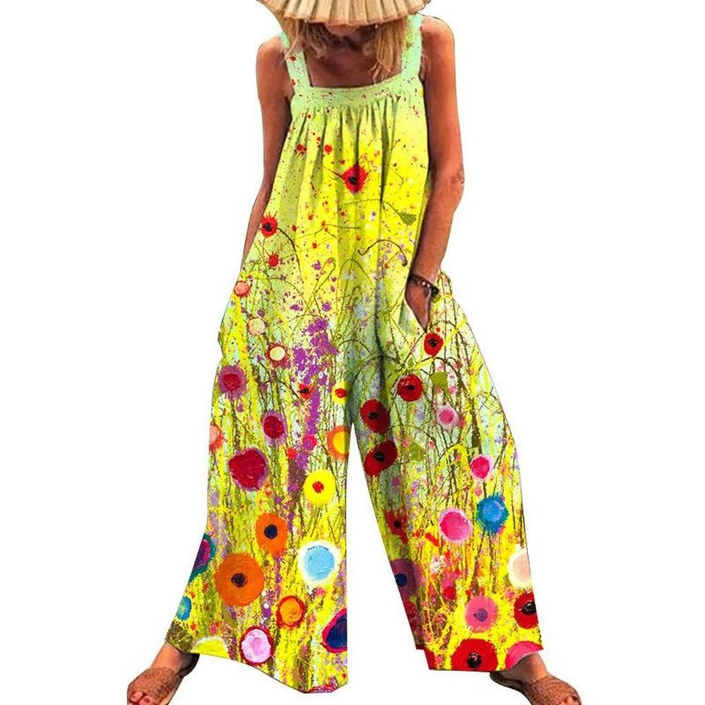 Floral Print Sleeveless Pocket Wide Leg Jumpsuits